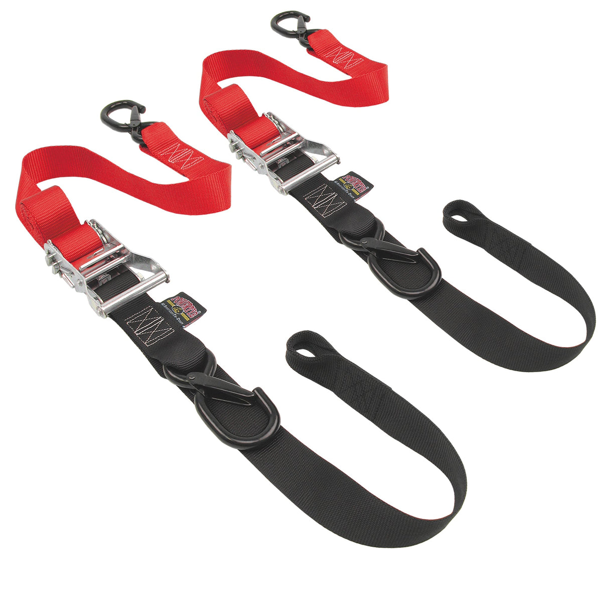 PowerTye 1-1/2 inch red Soft-Tye ratchet tie-downs with latch hooks
