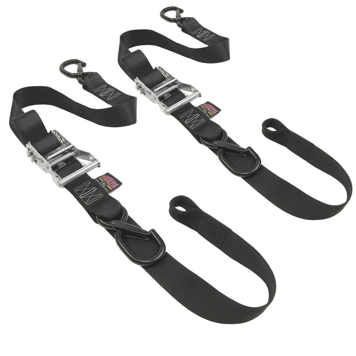 PowerTye 1-1/2 inch black Soft-Tye ratchet tie-downs with latch hooks