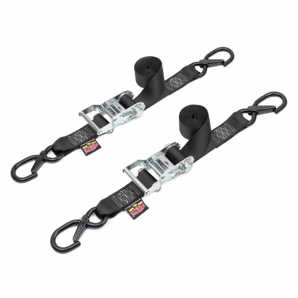 PowerTye 1-1/2 inch black ratchet tie-downs with latch hooks