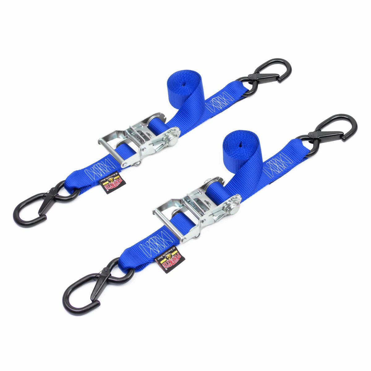 PowerTye 1-1/2 inch blue ratchet tie-downs with latch hooks