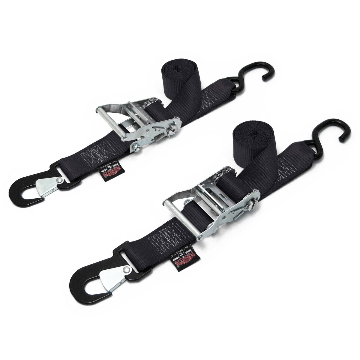 PowerTye 2 inch Big Daddy black ratchet tie-downs with secure hook and S-hook