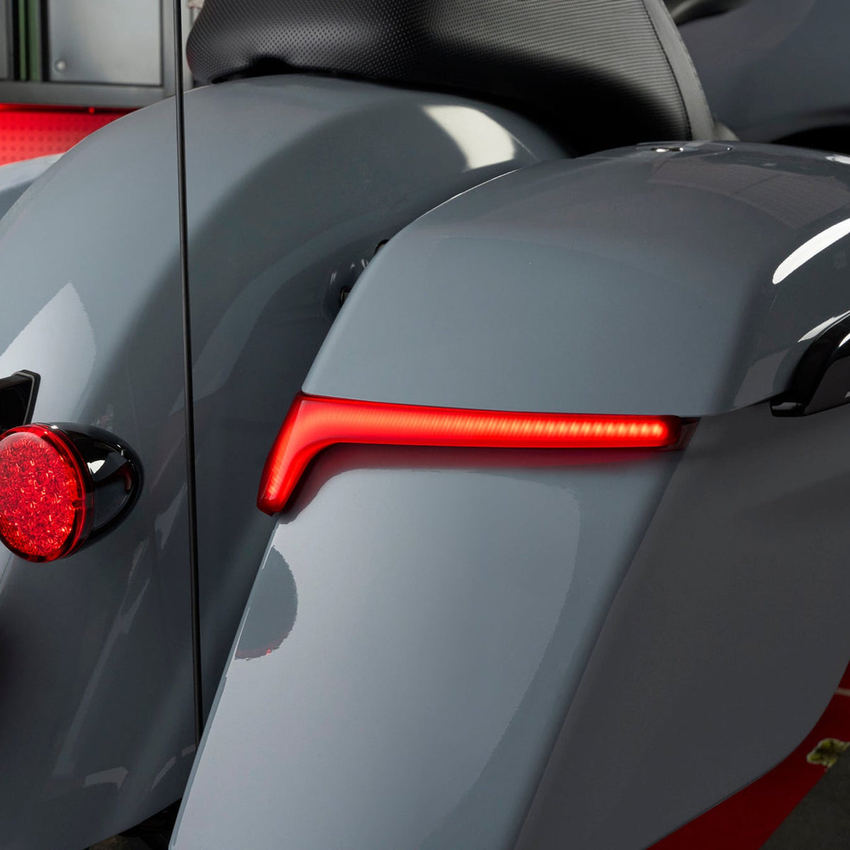 RydeCulture Bryant M1 Bag Blades red LED saddlebag light on an Indian bagger