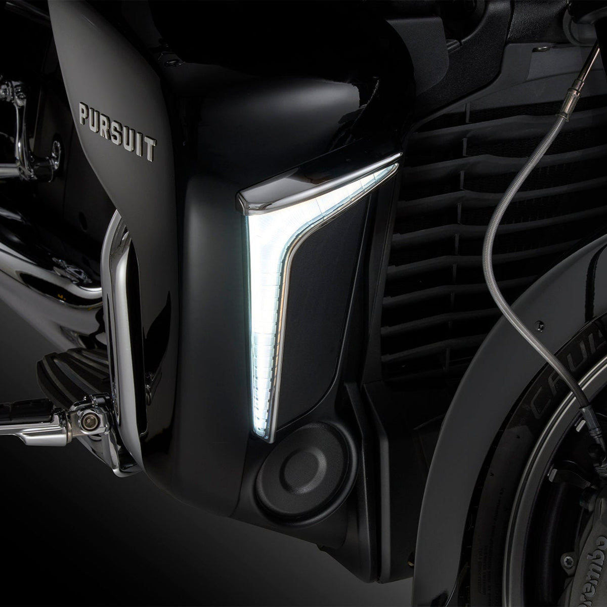 Ciro Fang LED lower fairing lights lit on an Indian Pursuit