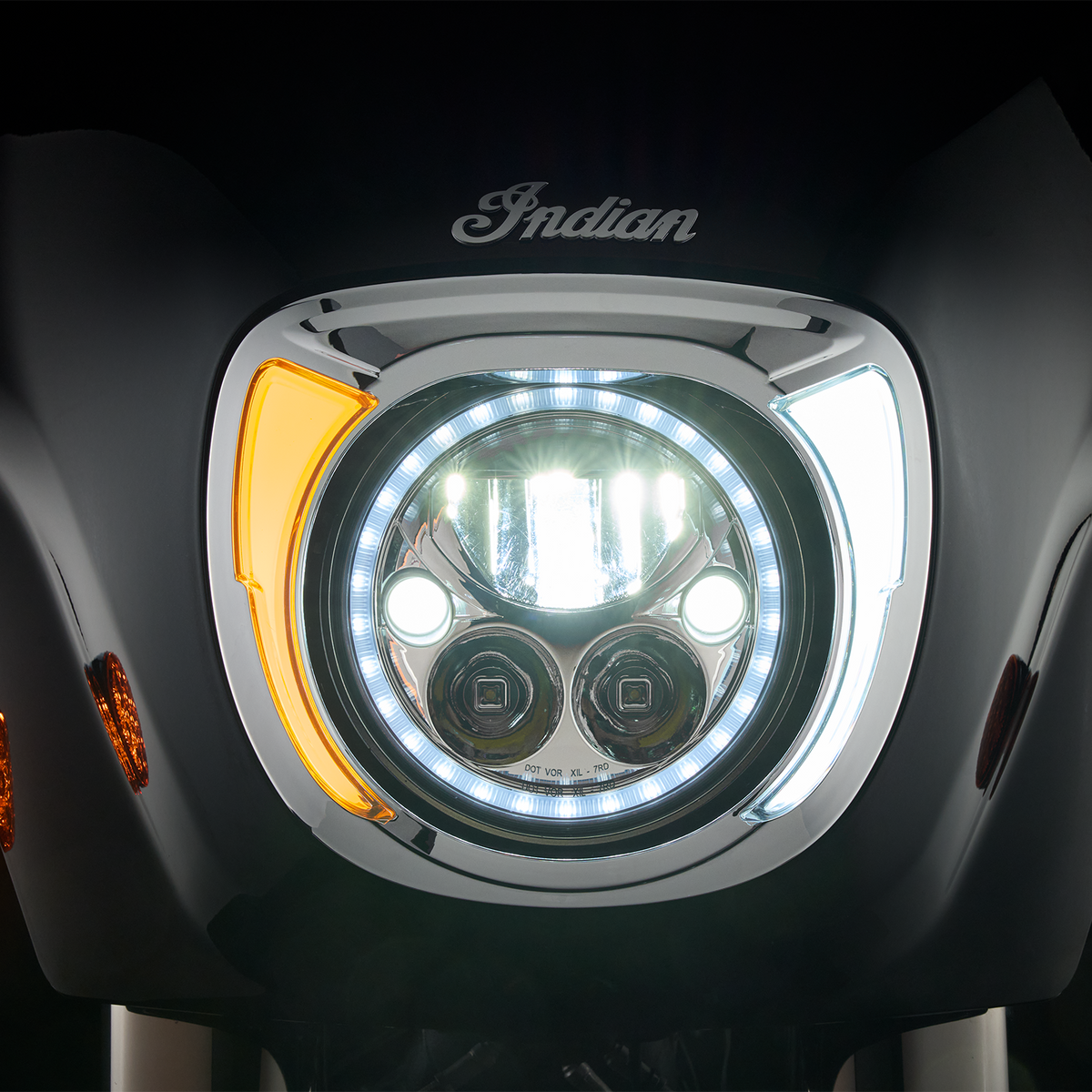 Ciro Fang LED headlight bezel lit on an Indian Chieftain fairing